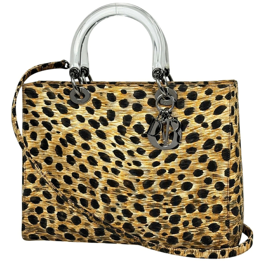 Christian Dior Lady Leopard Handbag Canvas Brown